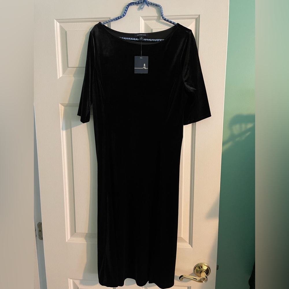 NWT Lands End black velvet, short sleeve midi dress, size small, 6/8